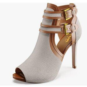 XYD Gainsboro-brown Peep Toe High Heel Buckled Double Straps Cutout Ankle Bootie